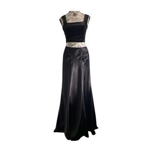 🇨🇦 90s Black  Satin Maxi Slip Skirt Goth Whimsigoth Y2K Prom